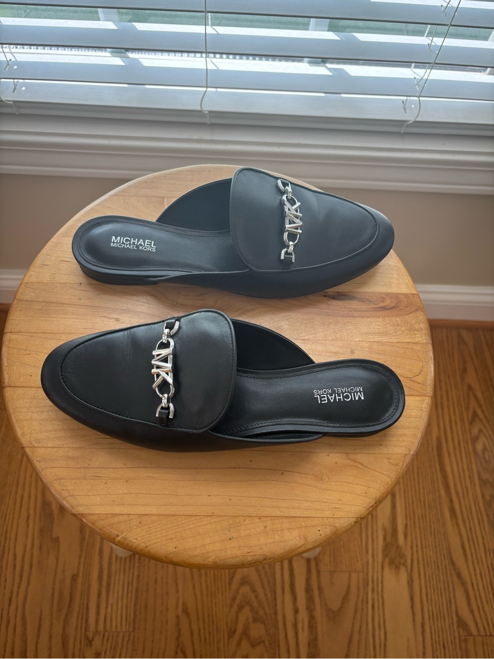 Michael Kors Black Leather Mule Loafers with Silver Chain Accent - Picture 6 of 6
